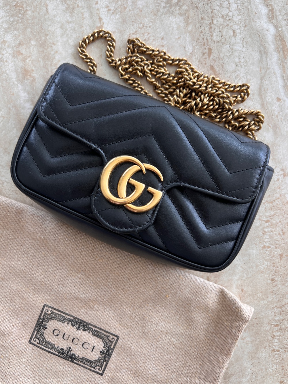 Gucci Super Mini Marmont (Black Quilted Leather Crossbody with Gold GG Hardware)